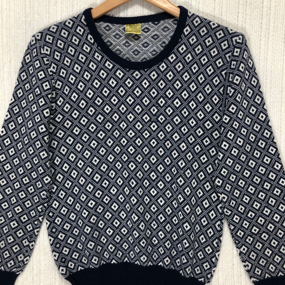 Vintage Confessioni Di Lusso Diamond‎ Pattern Knit Sweater Crew Neck Navy White